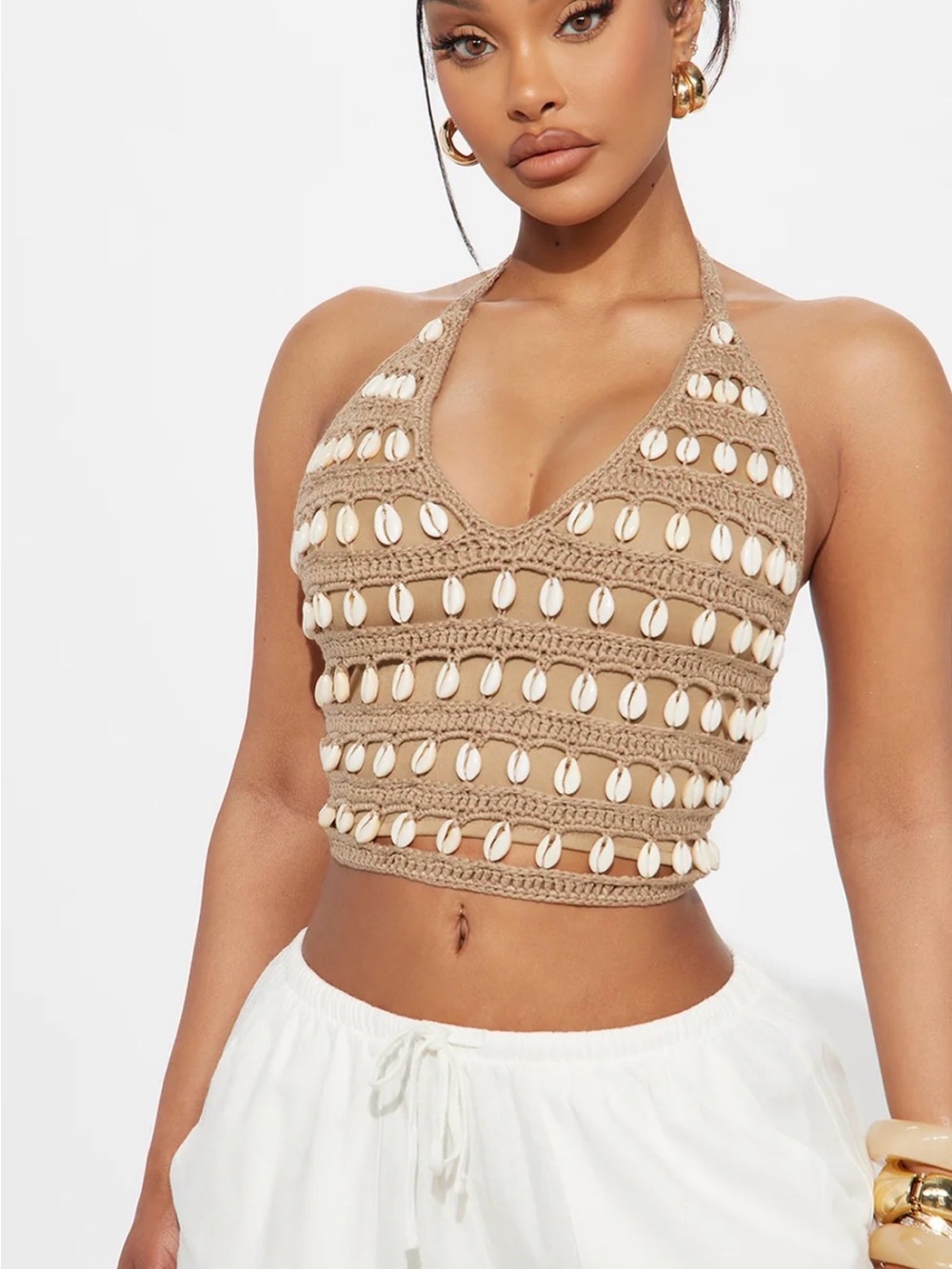 Crochet Halter Shell-Embellished Crop Top in Taupe